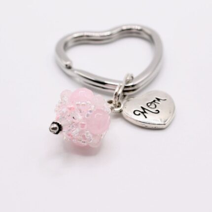 Rose Quartz Heart Keyring with Mom Charm scaled