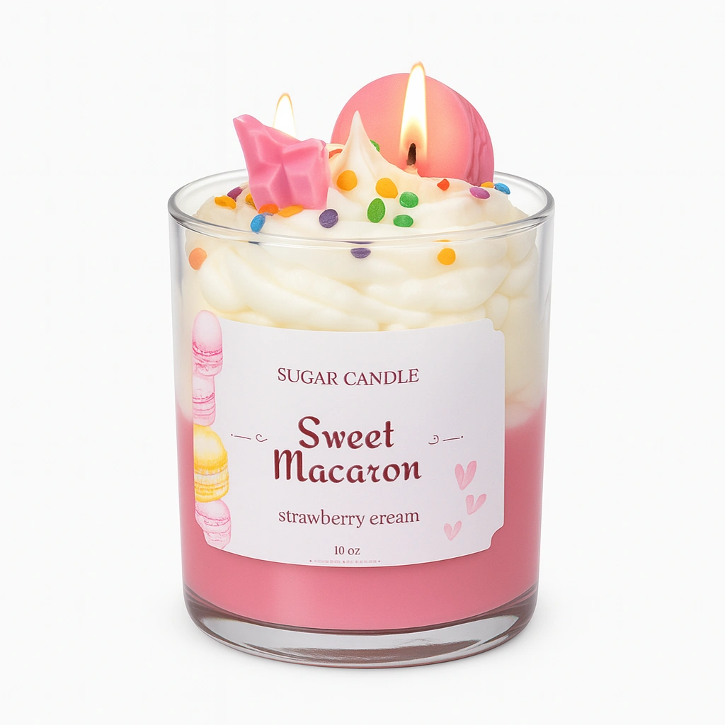 image (10) Sweet Macaron Candle – Strawberry Cream Scented Handcrafted Dessert Candle for Gifts & Home Decor - Image 1
